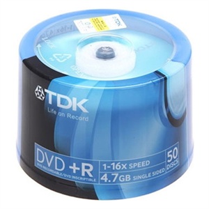 【当当销售配送】TDK DVD+R 16X 4.7GB 彩版蓝 50片桶装 刻录盘