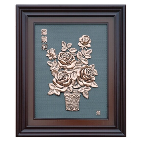富贵花紫铜浮雕家居室内装饰花鸟风水壁画赠送工艺礼品月季花挂匾